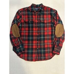 VTG 70s Ralph Lauren USA Plaid Wool Flannel Shirt Leather Elbow Patches Women 12
